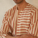 Cotton Long Kurta for Men | Striped | Brown & White