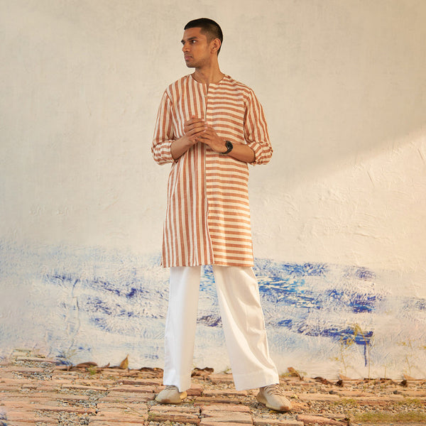 Cotton Long Kurta for Men | Striped | Brown & White