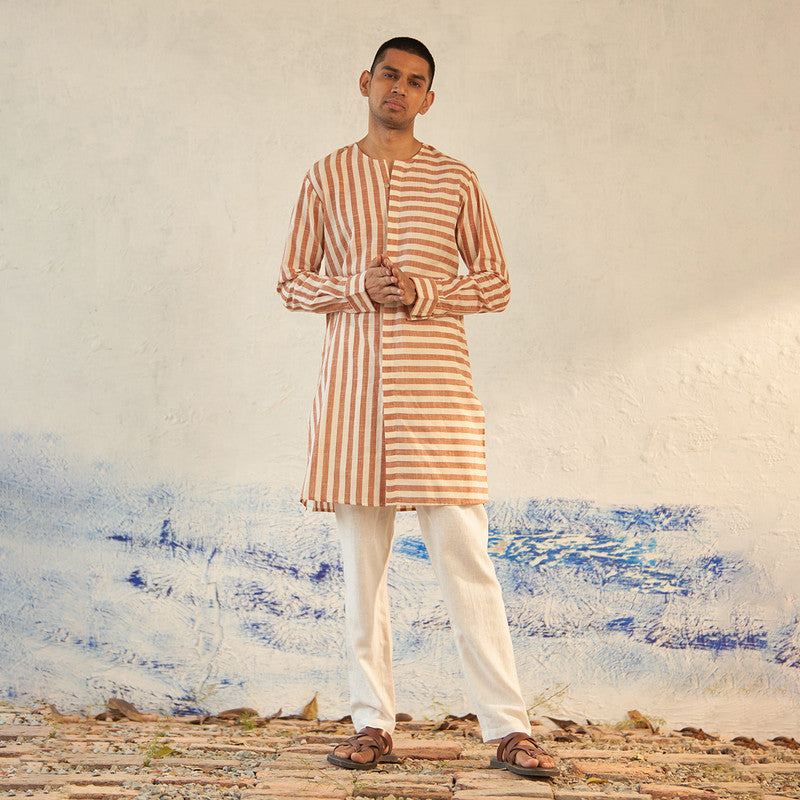 Cotton Long Kurta for Men | Striped | Brown & White