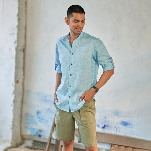 Textured Cotton Shirt for Men | Light Blue | Full Sleeves