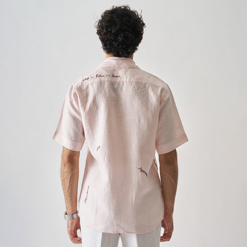 Linen Shirt for Men | Hand Embroidered | Light Pink | Half Sleeves