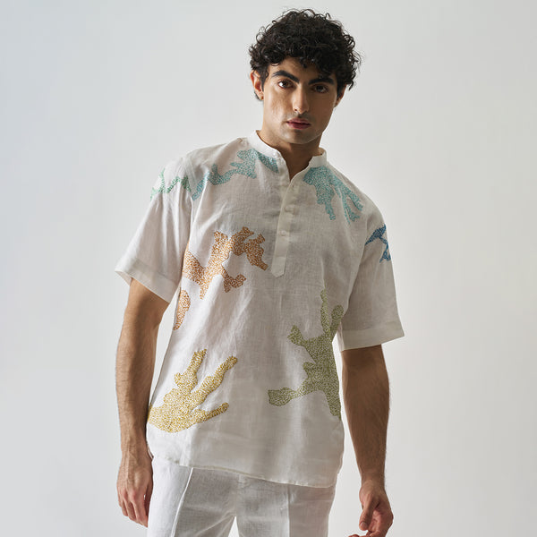 Linen White Short Kurta for Men | Hand Embroidered