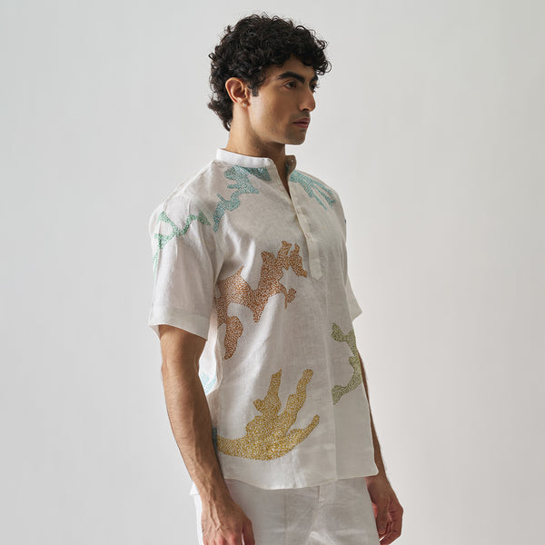 Linen White Short Kurta for Men | Hand Embroidered