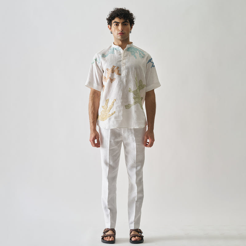 Linen White Short Kurta for Men | Hand Embroidered