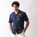 Linen Shirt for Men | Hand Embroidered | Navy Blue | Panorama