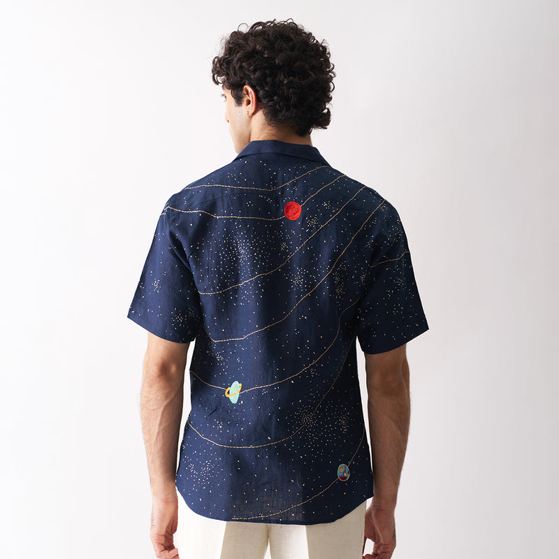 Linen Shirt for Men | Hand Embroidered | Navy Blue | Panorama