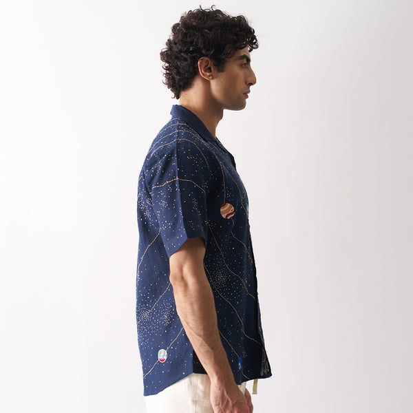 Linen Shirt for Men | Hand Embroidered | Navy Blue | Panorama