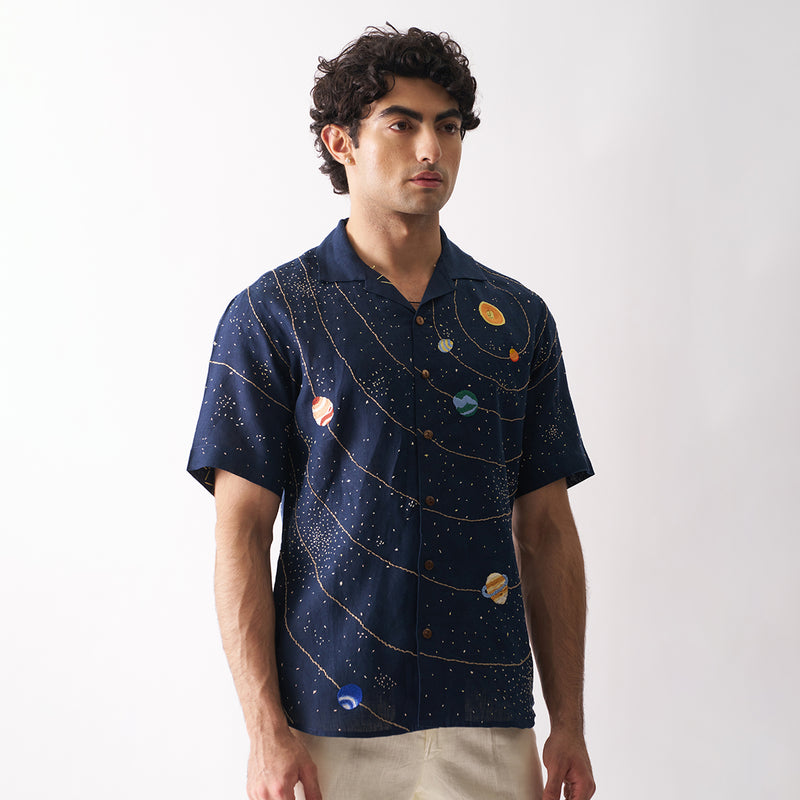 Linen Shirt for Men | Hand Embroidered | Navy Blue | Panorama