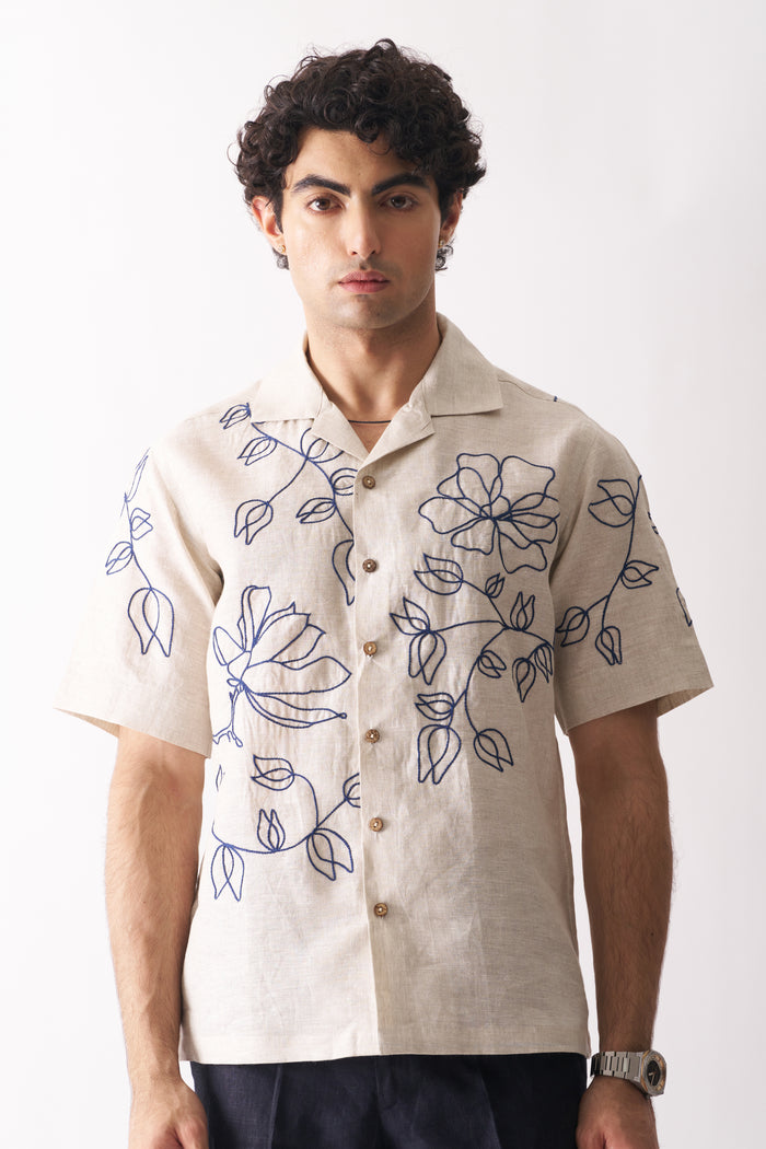 Linen Shirt for Men | Floral Hand Embroidered | Beige | Half Sleeves