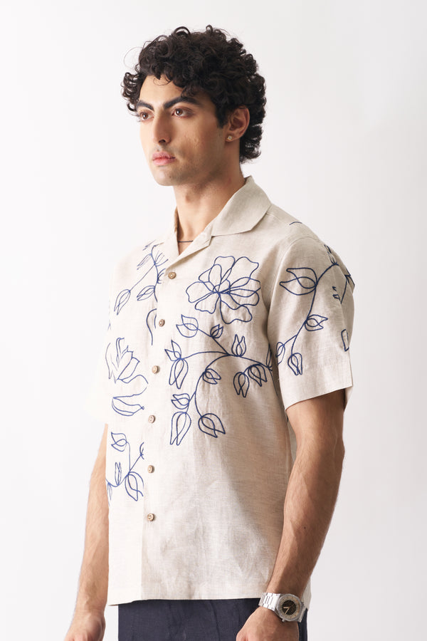 Linen Shirt for Men | Floral Hand Embroidered | Beige | Half Sleeves