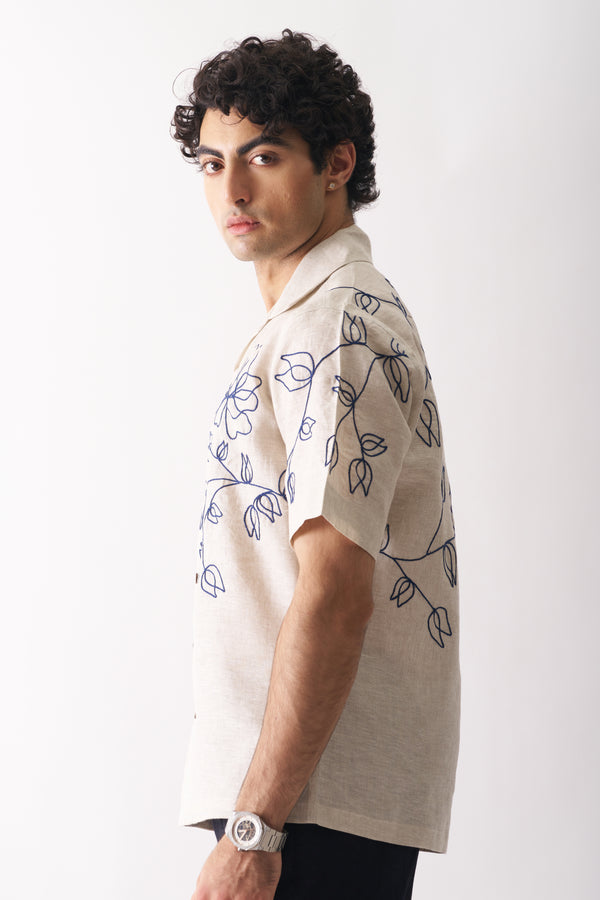 Linen Shirt for Men | Floral Hand Embroidered | Beige | Half Sleeves