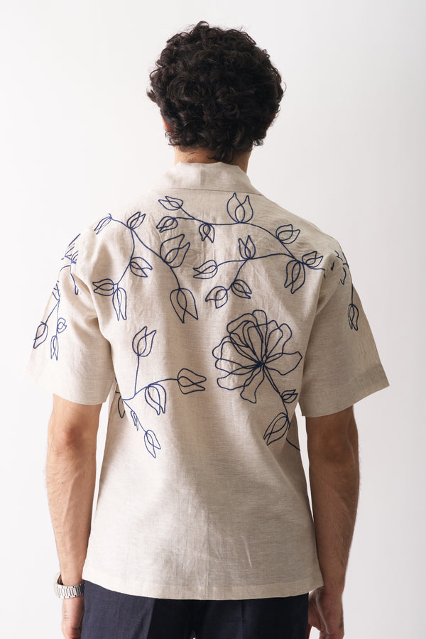 Linen Shirt for Men | Floral Hand Embroidered | Beige | Half Sleeves