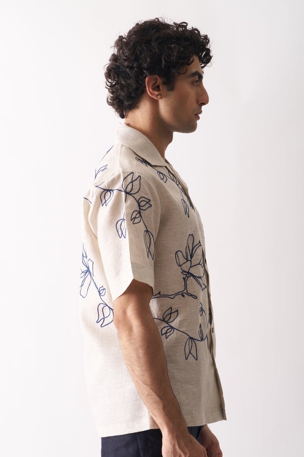 Linen Shirt for Men | Floral Hand Embroidered | Beige | Half Sleeves