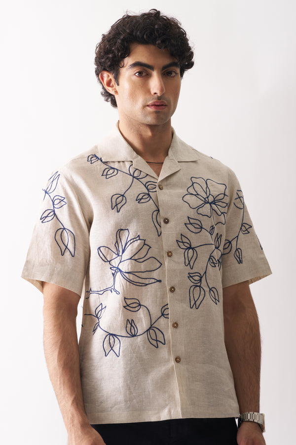 Linen Shirt for Men | Floral Hand Embroidered | Beige | Half Sleeves