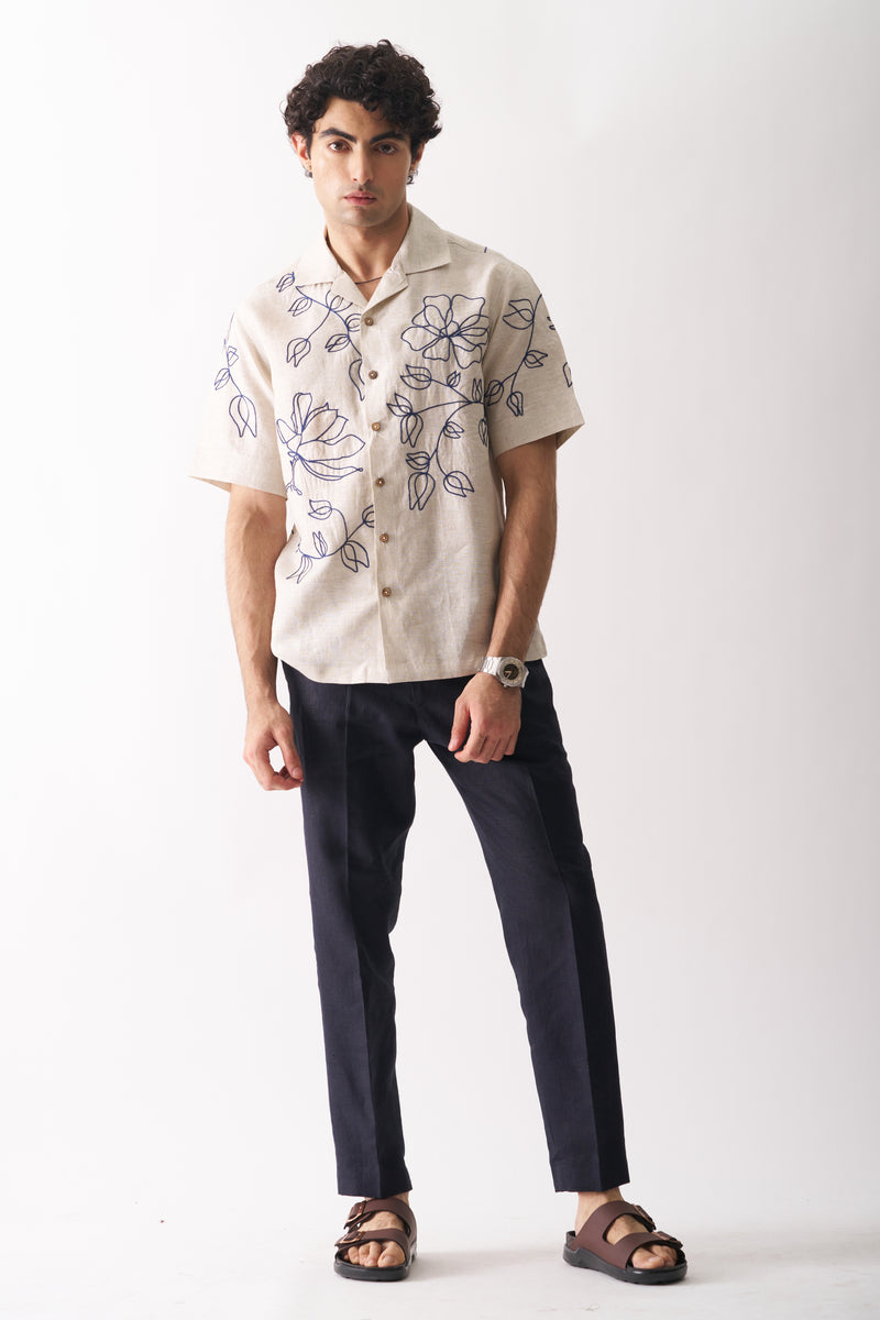 Linen Shirt for Men | Floral Hand Embroidered | Beige | Half Sleeves