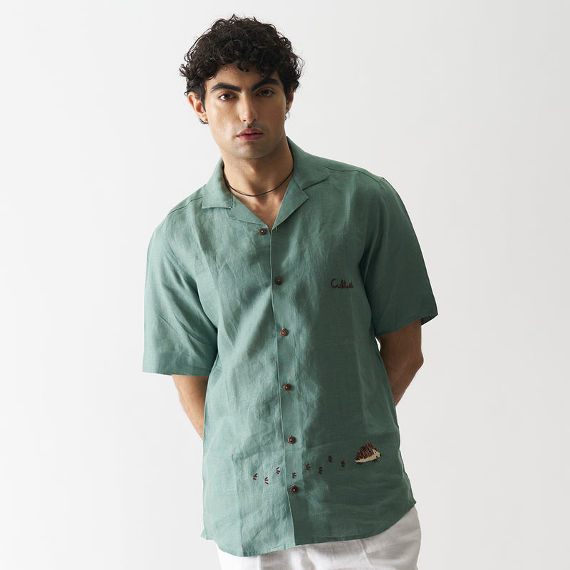 Linen Shirt for Men | Hand Embroidered | Green Oasis
