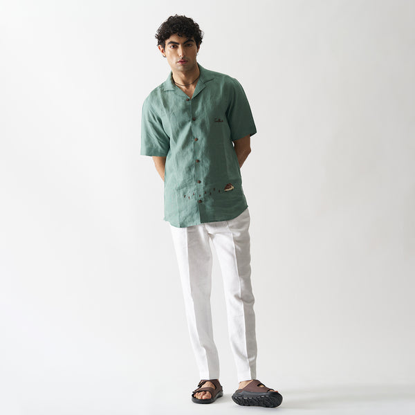 Linen Shirt for Men | Hand Embroidered | Green Oasis