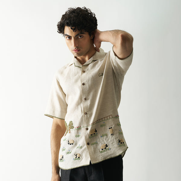 Linen Shirt for Men | Hand Embroidered | Beige | Lazy Sheep