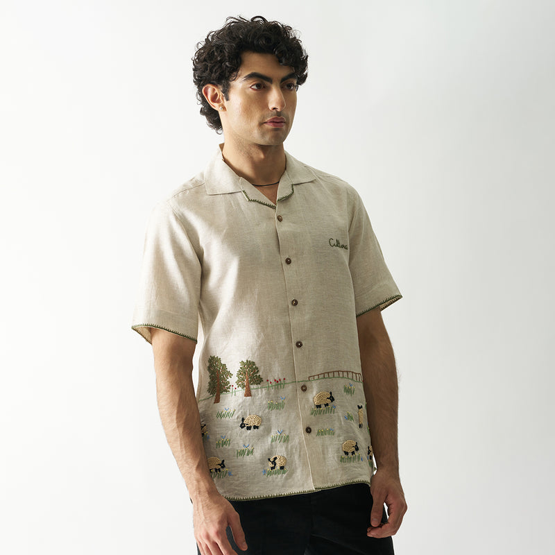 Linen Shirt for Men | Hand Embroidered | Beige | Lazy Sheep