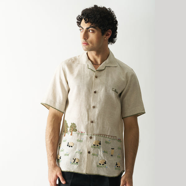 Linen Shirt for Men | Hand Embroidered | Beige | Lazy Sheep