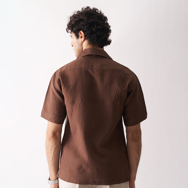 Brown Linen Shirt for Men | Hand Embroidered | Half Sleeves