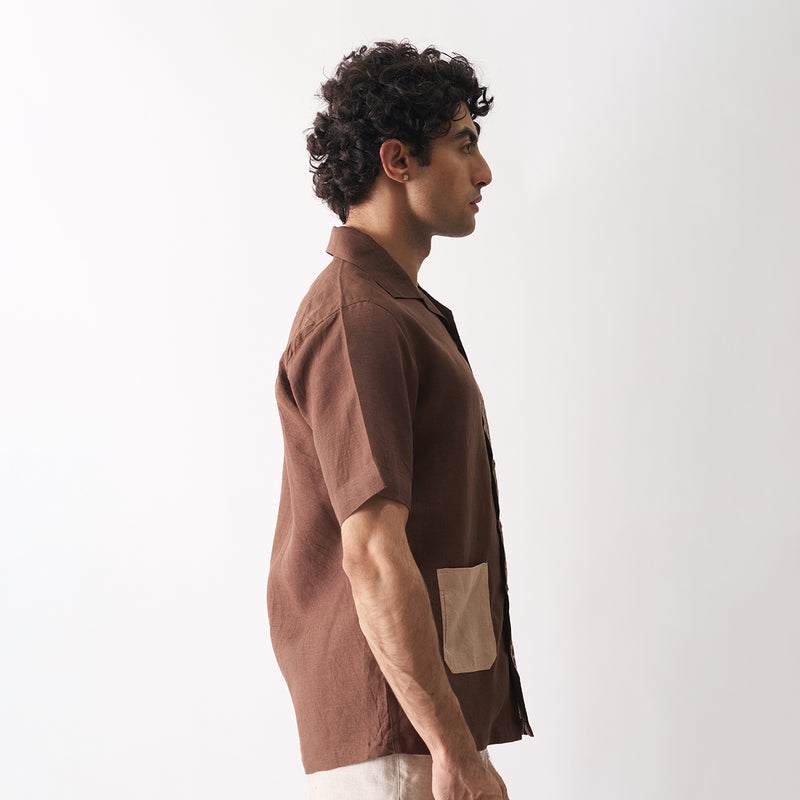 Brown Linen Shirt for Men | Hand Embroidered | Half Sleeves