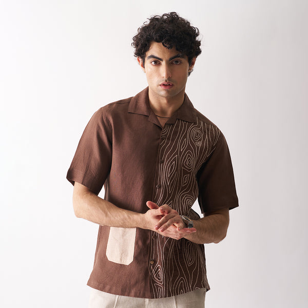 Brown Linen Shirt for Men | Hand Embroidered | Half Sleeves