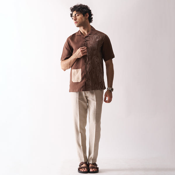 Brown Linen Shirt for Men | Hand Embroidered | Half Sleeves