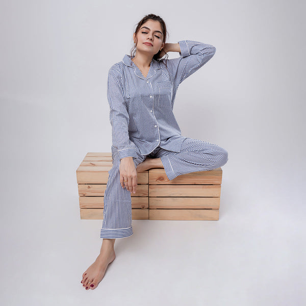 Cotton Pajama Set For Women | Striped | Blue