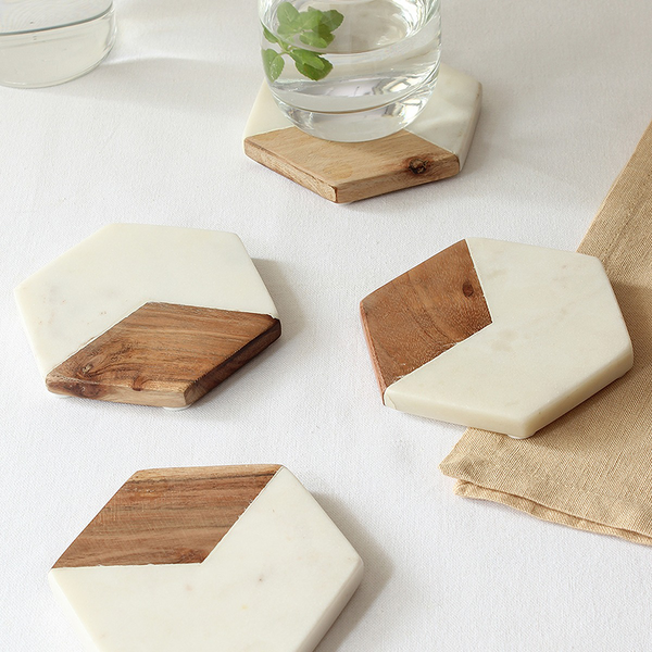 Marble & Wooden Coasters | Geometric Shape | Brown & White | Set of 4