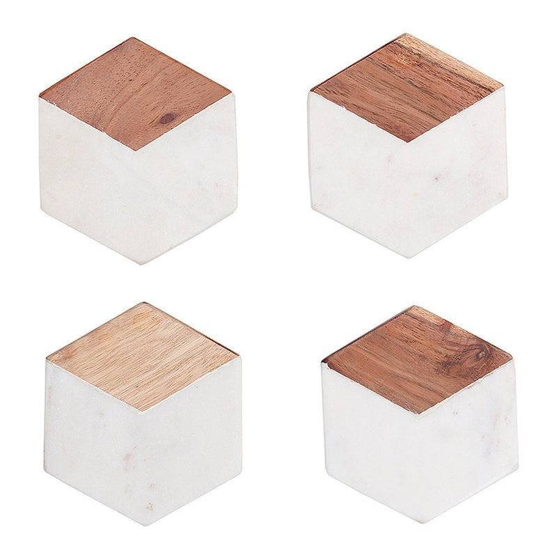 Marble & Wooden Coasters | Geometric Shape | Brown & White | Set of 4