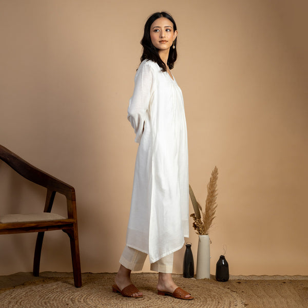 Maheshwari Silk Long Kurta Set | Kurta & Pant | Off-White