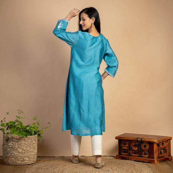 Chanderi Silk Kurta | Embroidered | Turquoise