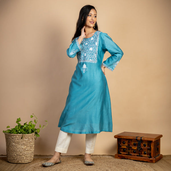 Chanderi Silk Kurta | Embroidered | Turquoise