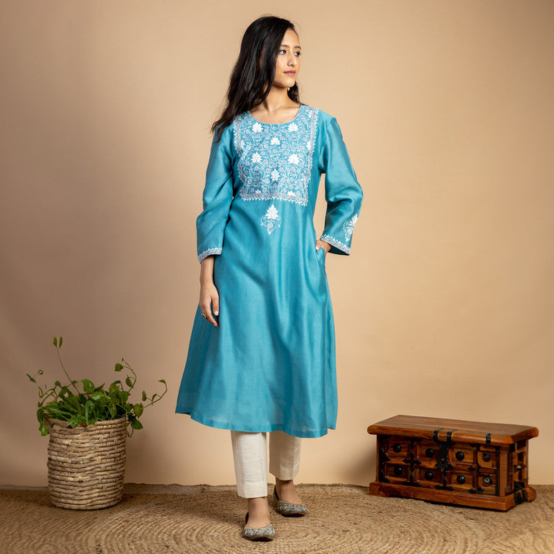 Chanderi Silk Kurta | Embroidered | Turquoise