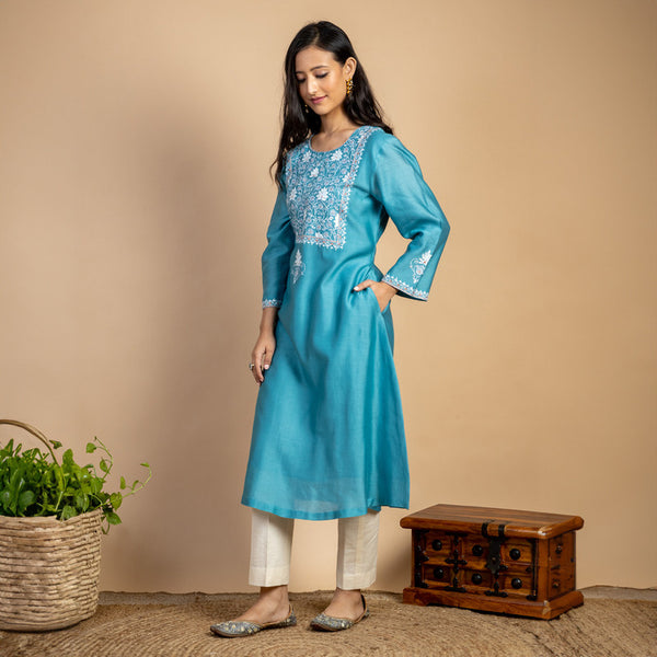 Chanderi Silk Kurta | Embroidered | Turquoise