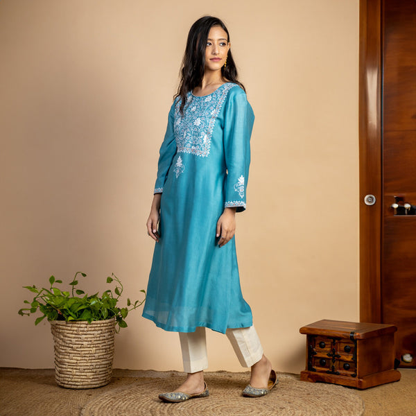 Chanderi Silk Kurta | Embroidered | Turquoise