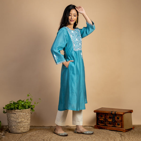 Chanderi Silk Kurta | Embroidered | Turquoise