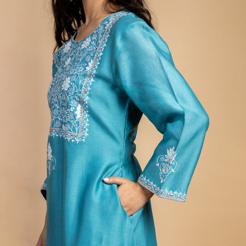 Chanderi Silk Kurta | Embroidered | Turquoise