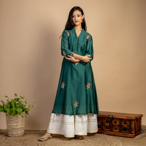 Chanderi Silk Kurta | Thread-Embroidery | Green