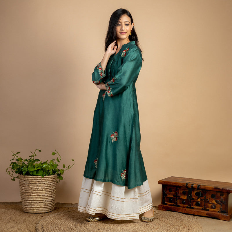 Chanderi Silk Kurta | Thread-Embroidery | Green