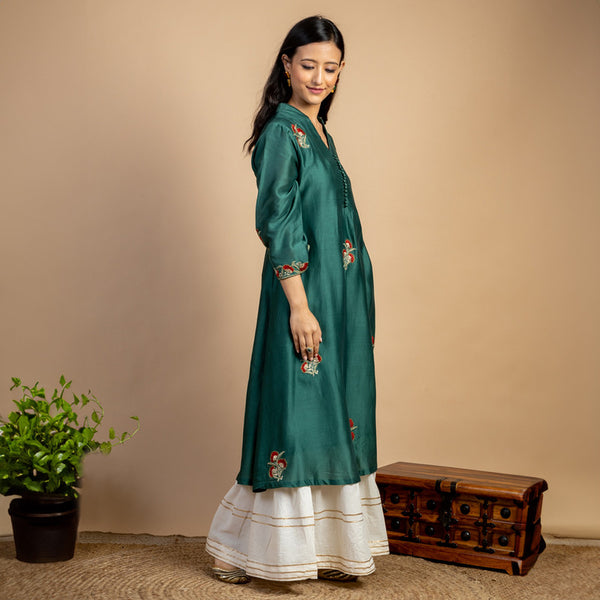 Chanderi Silk Kurta | Thread-Embroidery | Green