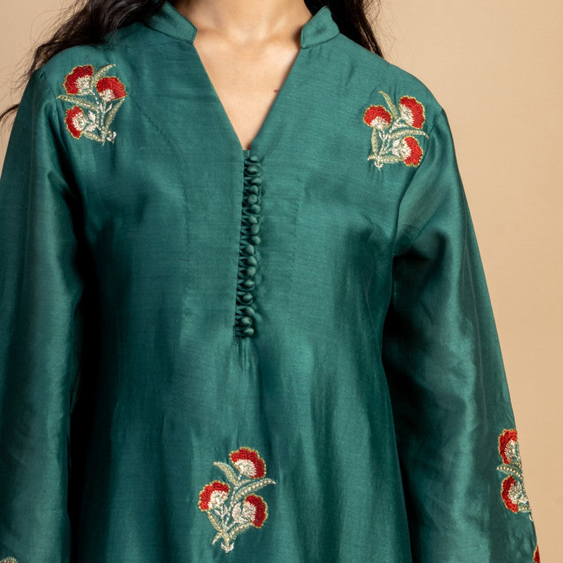 Chanderi Silk Kurta | Thread-Embroidery | Green