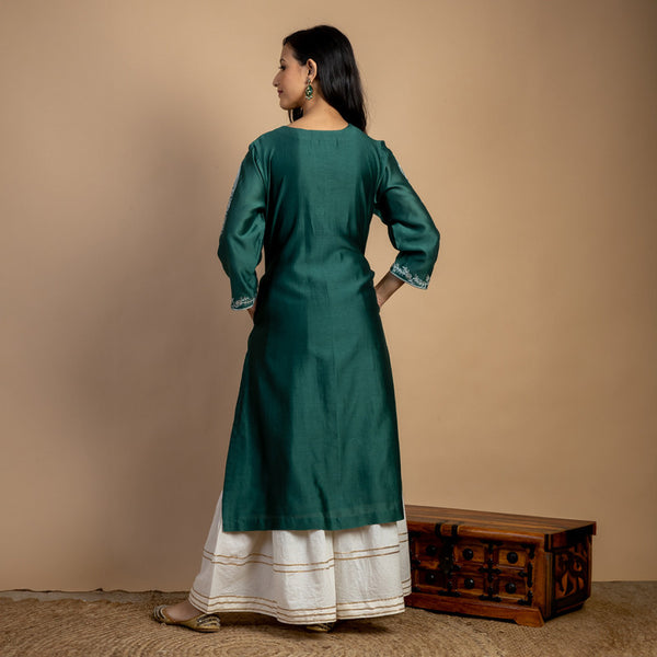 Chanderi Silk Kurta | Floral Thread-Embroidery | Green