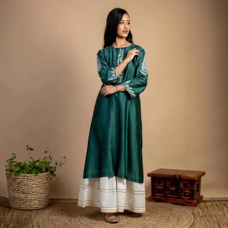 Chanderi Silk Kurta | Floral Thread-Embroidery | Green