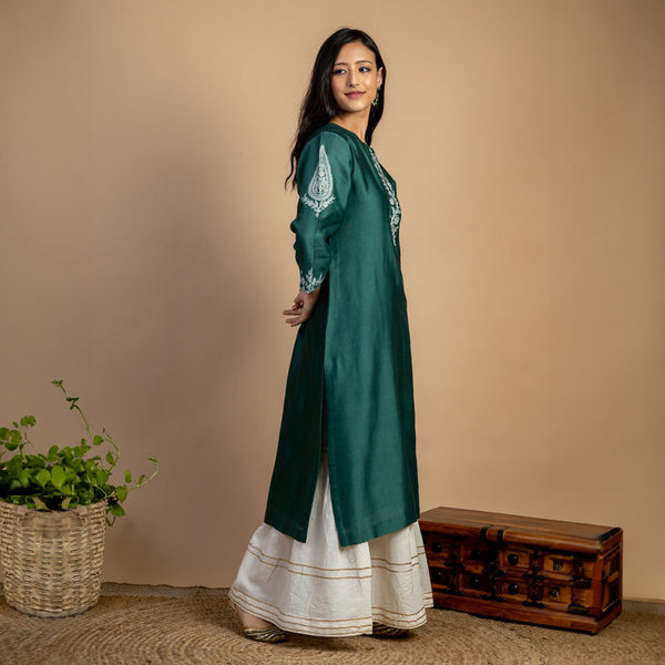 Chanderi Silk Kurta | Floral Thread-Embroidery | Green