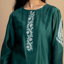 Chanderi Silk Kurta | Floral Thread-Embroidery | Green