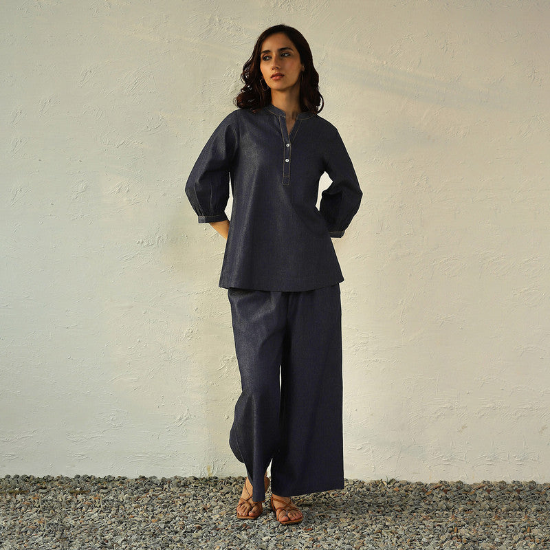 Cotton Denim Co Ord Set for Women | Navy Blue