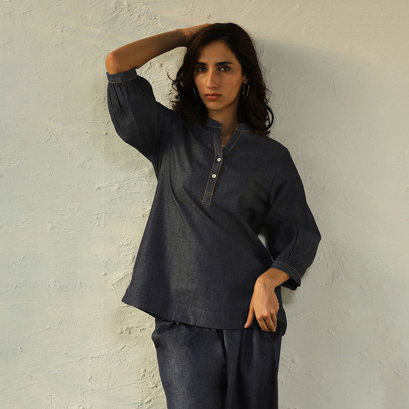 Cotton Denim Co Ord Set for Women | Navy Blue