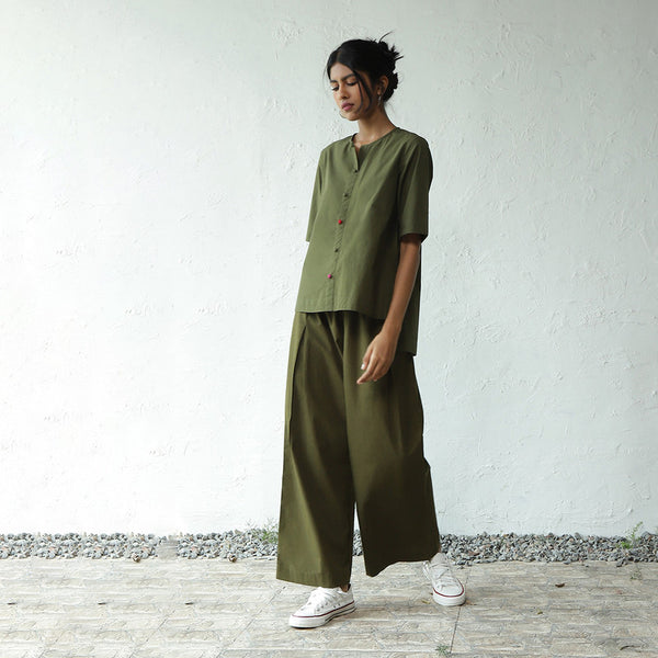 Cotton Poplin Top for Women | Hi-Lo Hem | Military Green